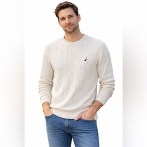 Nautica White Logo Ribbed Vintage Knit Sweater - Size L